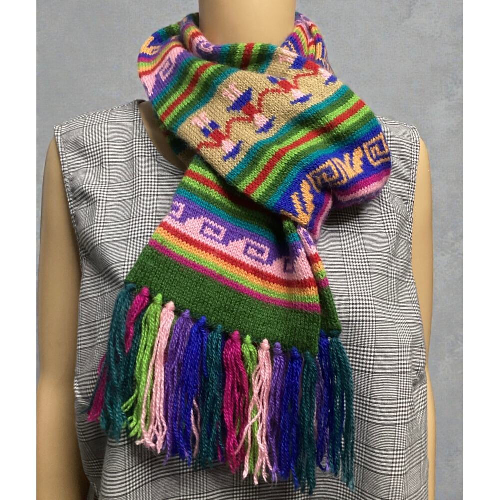 Handmade Peruvian wool knit scarf with colorful stripes and fringe details
